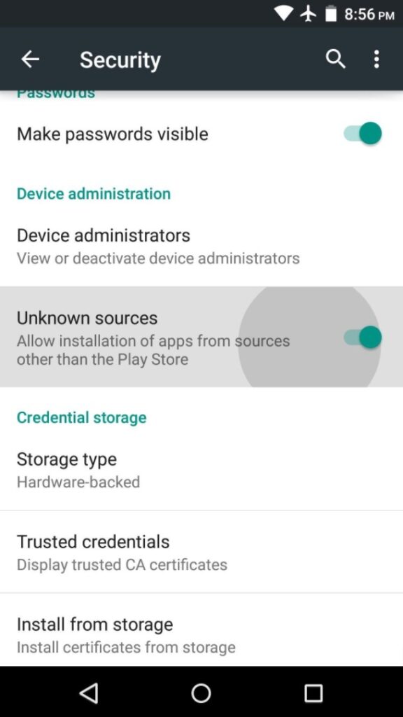 Turn on Unknown sources on android device